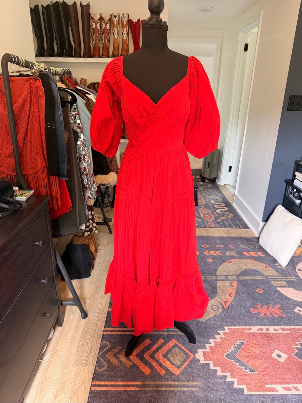 ATSU Puff-Sleeve Red Midi Dress with Sweetheart Neckline